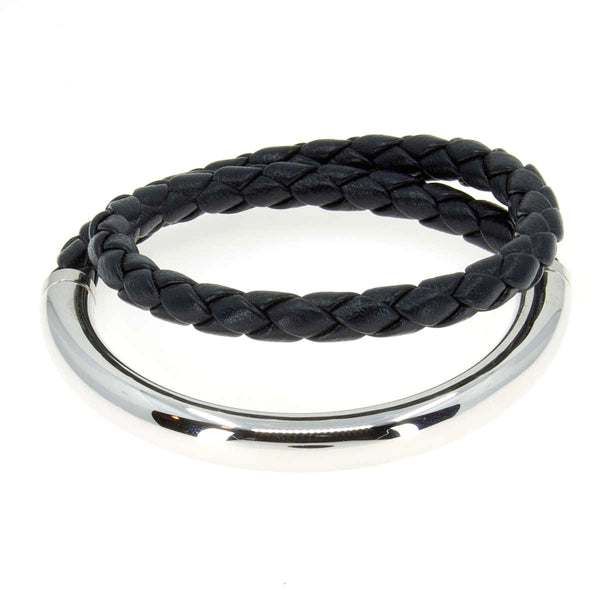Christofle Duo Complice Bracelet in Silver & Black Leather - Chicago Pawners & Jewelers