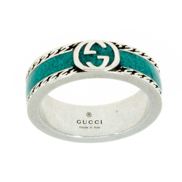 Gucci Ring with Interlocking G in Silver with Turquoise Enamel - Chicago Pawners & Jewelers
