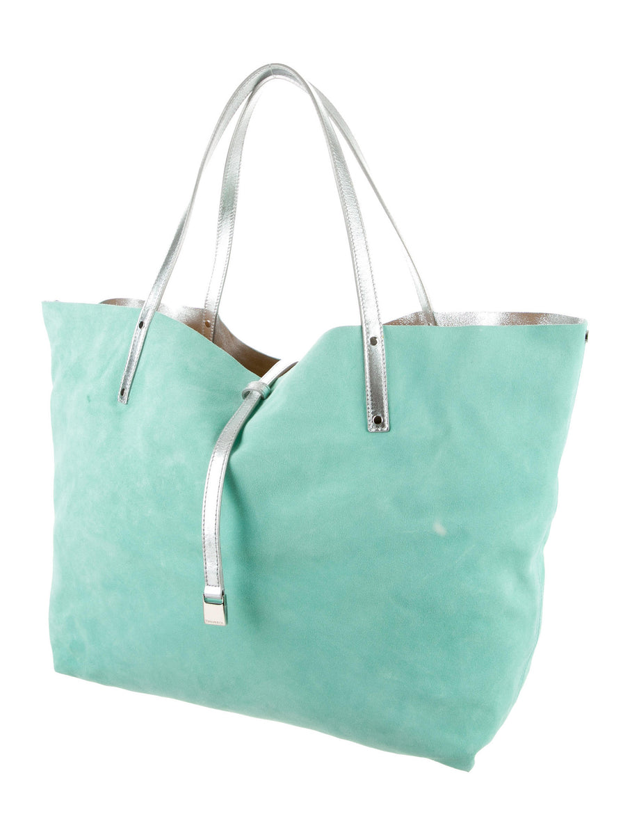 TIFFANY&CO Metallic Blue Tote Bag Purse Suede Leather Reversible 14”x9”x4.5”