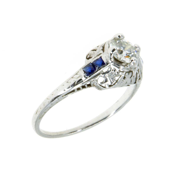 1920s 18K Diamond & Sapphire Filigree Engagement Ring