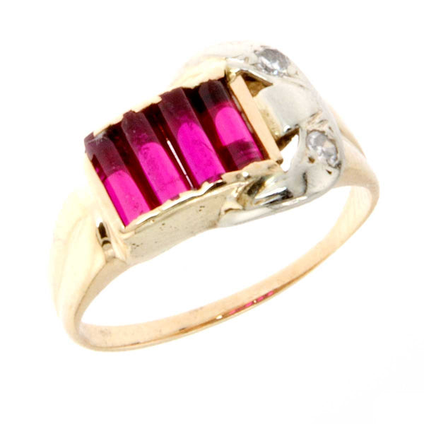 1940s Retro Ruby & Diamond Buckle Ring