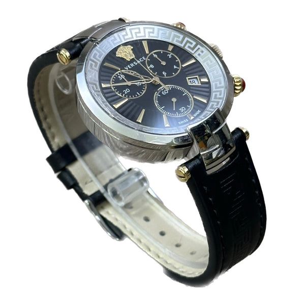 Versace Revive Chronograph Mens Watch - Black Dial, Black Leather Strap