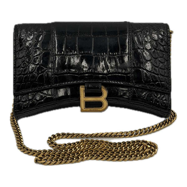 Balenciaga Hourglass Wallet on Chain - Black Crocodile Embossed Leather