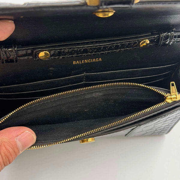 Balenciaga Hourglass Wallet on Chain - Black Crocodile Embossed Leather
