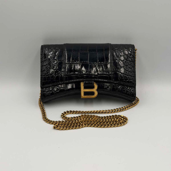 Balenciaga Hourglass Wallet on Chain - Black Crocodile Embossed Leather
