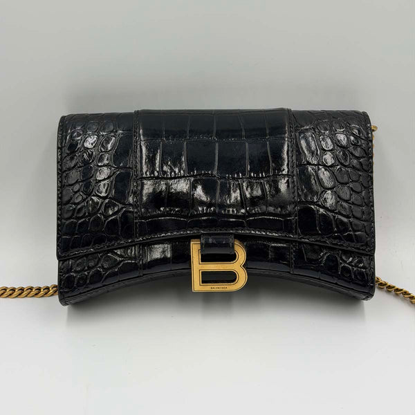 Balenciaga Hourglass Wallet on Chain - Black Crocodile Embossed Leather