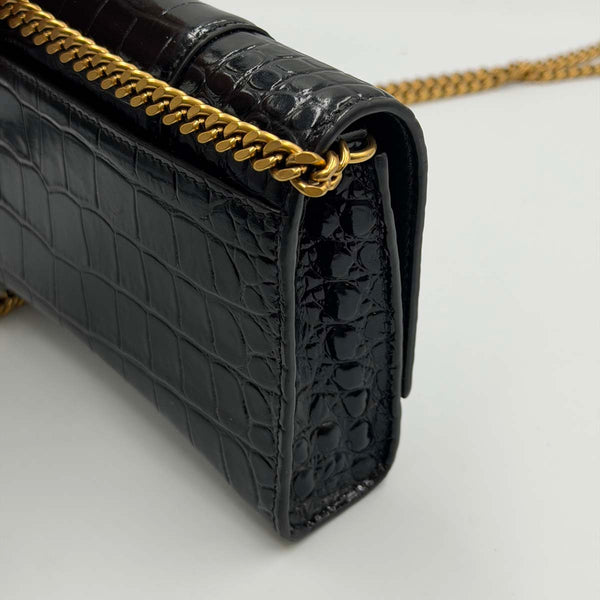 Balenciaga Hourglass Wallet on Chain - Black Crocodile Embossed Leather