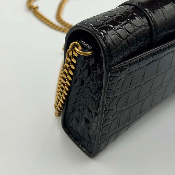 Balenciaga Hourglass Wallet on Chain - Black Crocodile Embossed Leather