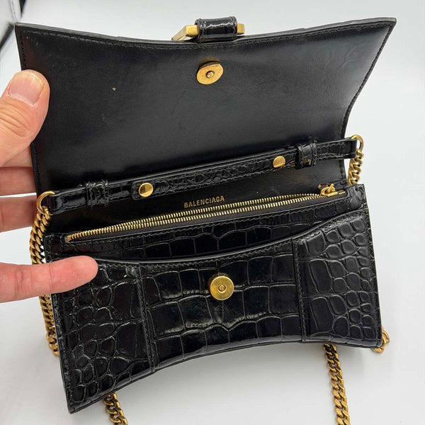 Balenciaga Hourglass Wallet on Chain - Black Crocodile Embossed Leather