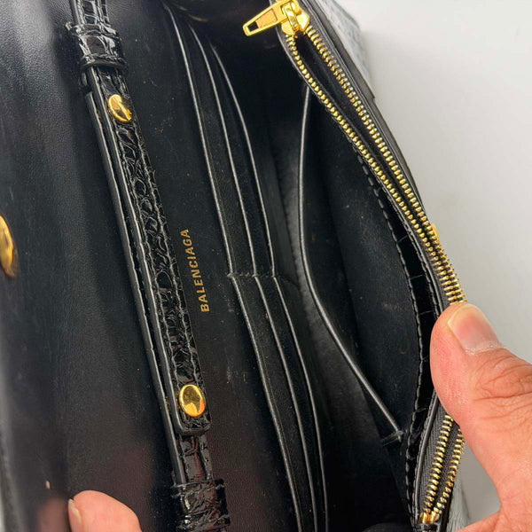 Balenciaga Hourglass Wallet on Chain - Black Crocodile Embossed Leather