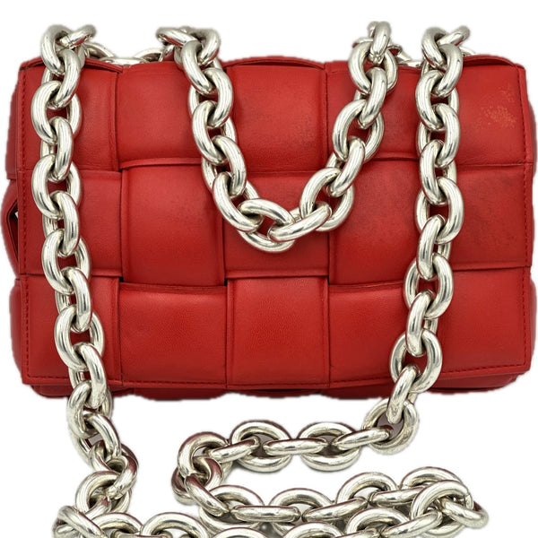 Bottega Veneta Nail Polish Red Woven Leather Maxi Weave Padded Cassette Chain Bag