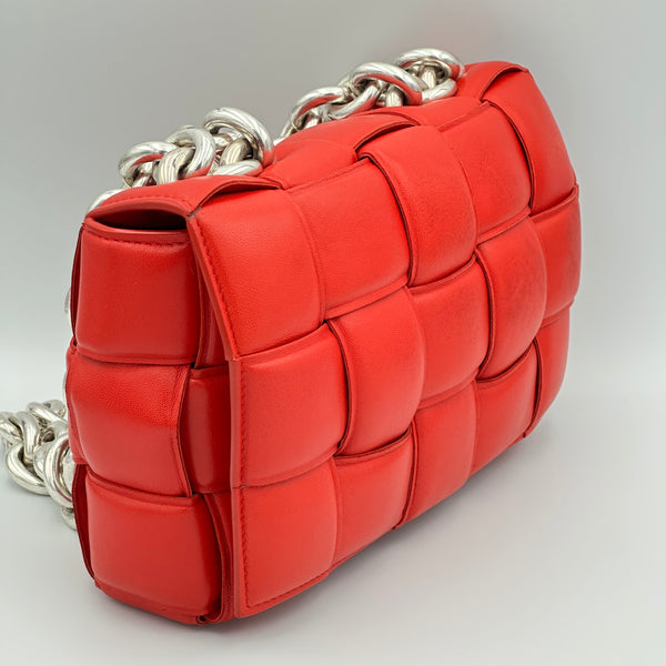 Bottega Veneta Nail Polish Red Woven Leather Maxi Weave Padded Cassette Chain Bag