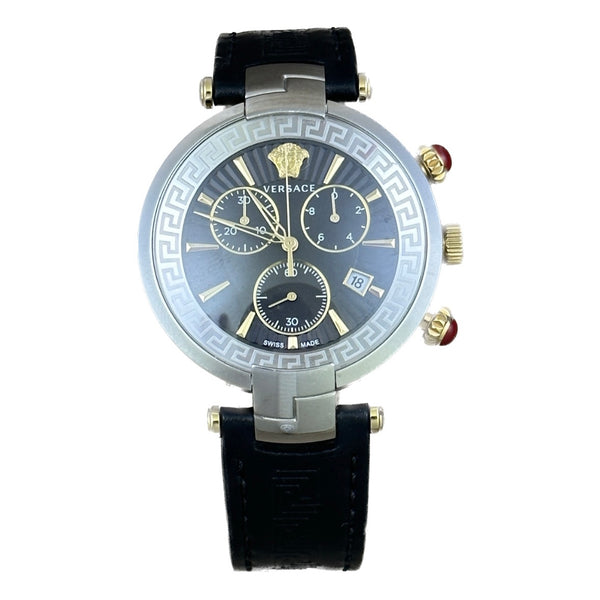 Versace Revive Chronograph Mens Watch - Black Dial, Black Leather Strap