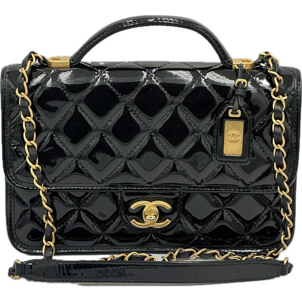 Chanel Patent Quilted Small School Memory Top Handle Flap - Black