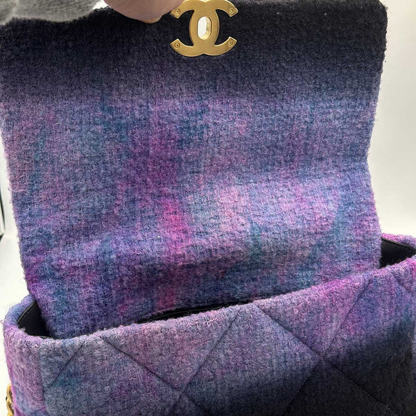 Chanel Large 19 Flap Bag Black, Purple and Blue Ombre Wool Tweed Mixed Hardware
