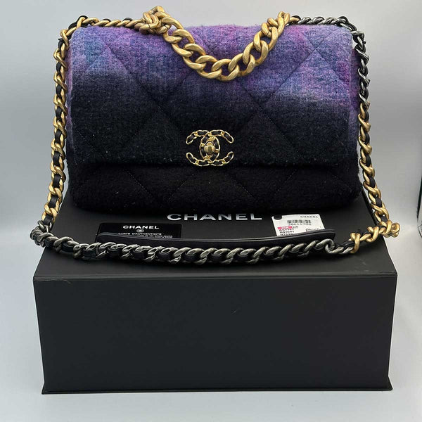 Chanel Large 19 Flap Bag Black, Purple and Blue Ombre Wool Tweed Mixed Hardware