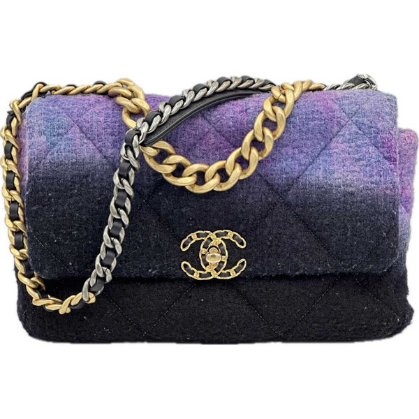 Chanel Large 19 Flap Bag Black, Purple and Blue Ombre Wool Tweed Mixed Hardware