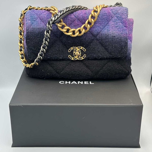 Chanel Large 19 Flap Bag Black, Purple and Blue Ombre Wool Tweed Mixed Hardware