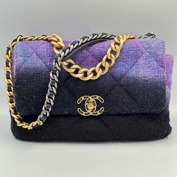Chanel Large 19 Flap Bag Black, Purple and Blue Ombre Wool Tweed Mixed Hardware
