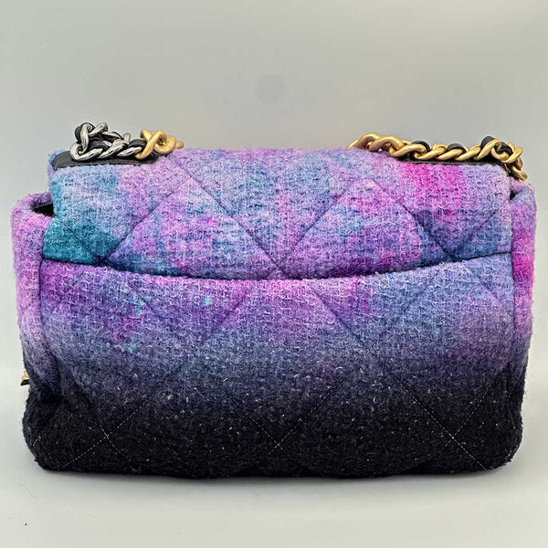 Chanel Large 19 Flap Bag Black, Purple and Blue Ombre Wool Tweed Mixed Hardware