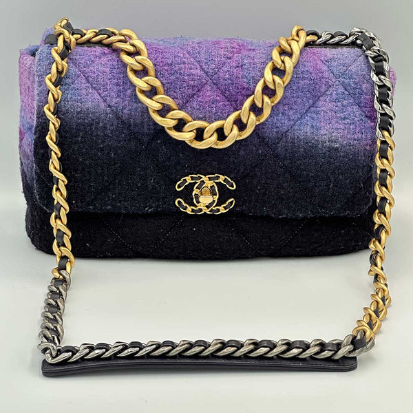 Chanel Large 19 Flap Bag Black, Purple and Blue Ombre Wool Tweed Mixed Hardware