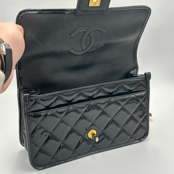 Chanel Patent Quilted Small School Memory Top Handle Flap - Black