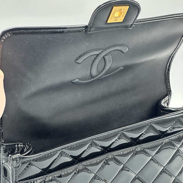 Chanel Patent Quilted Small School Memory Top Handle Flap - Black