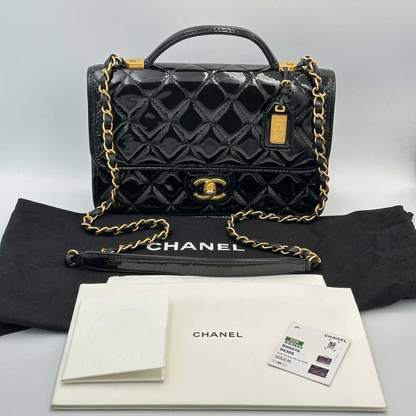 Chanel Patent Quilted Small School Memory Top Handle Flap - Black