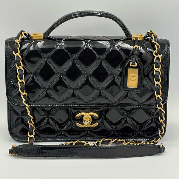 Chanel Patent Quilted Small School Memory Top Handle Flap - Black