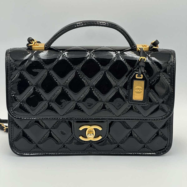 Chanel Patent Quilted Small School Memory Top Handle Flap - Black