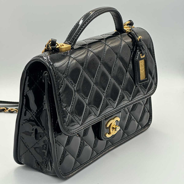 Chanel Patent Quilted Small School Memory Top Handle Flap - Black