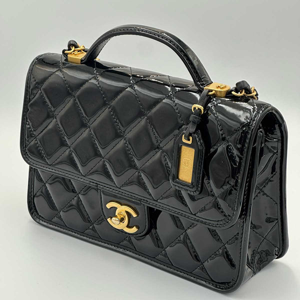 Chanel Patent Quilted Small School Memory Top Handle Flap - Black