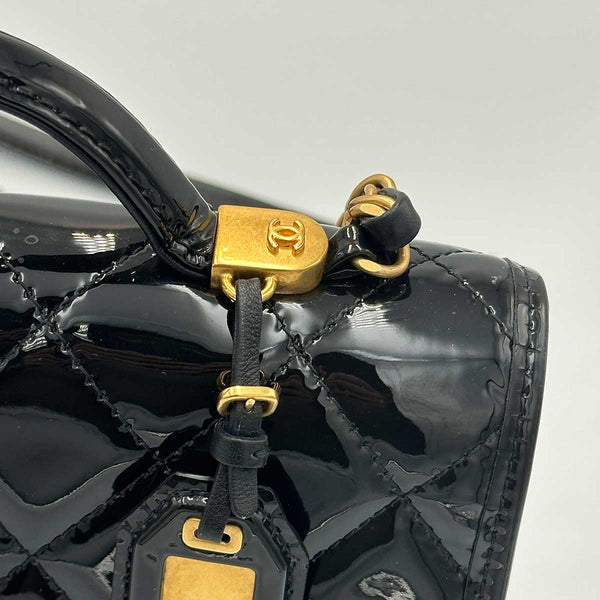 Chanel Patent Quilted Small School Memory Top Handle Flap - Black