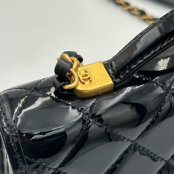 Chanel Patent Quilted Small School Memory Top Handle Flap - Black
