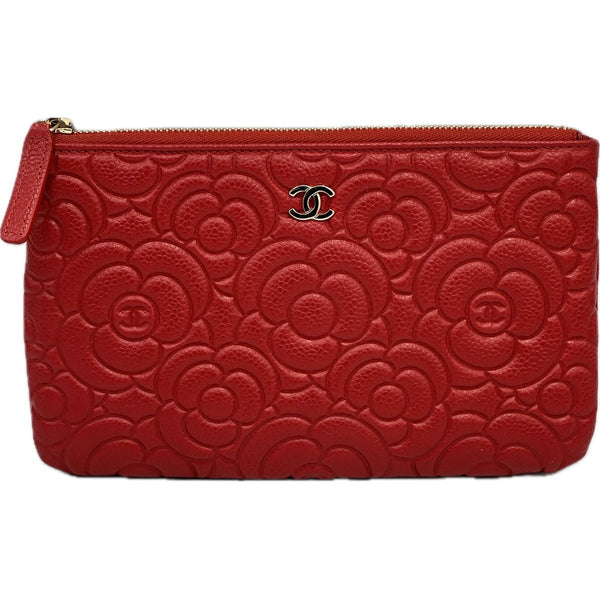 Chanel Caviar Camellia Embossed Cosmetic Pouch - Red