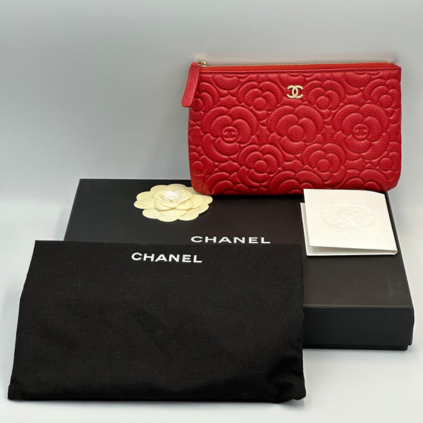 Chanel Caviar Camellia Embossed Cosmetic Pouch - Red