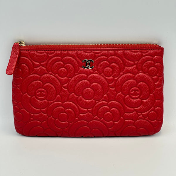 Chanel Caviar Camellia Embossed Cosmetic Pouch - Red