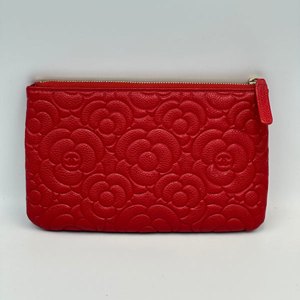 Chanel Caviar Camellia Embossed Cosmetic Pouch - Red