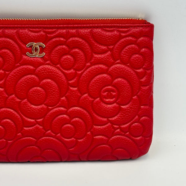 Chanel Caviar Camellia Embossed Cosmetic Pouch - Red