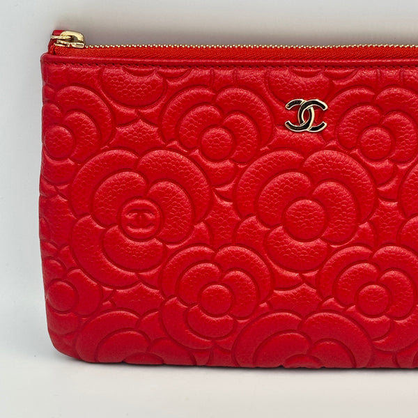 Chanel Caviar Camellia Embossed Cosmetic Pouch - Red