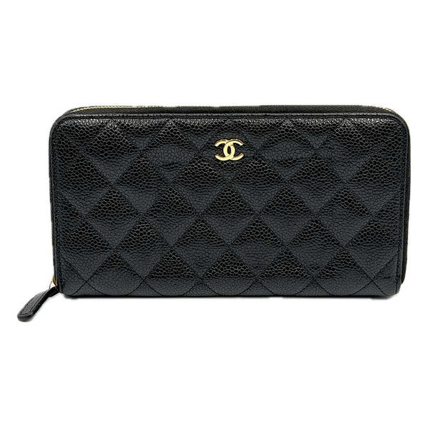 Chanel Classic Long Zipped Wallet in Black Quilted Caviar Leather with Gold Hardware