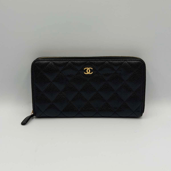 Chanel Classic Long Zipped Wallet in Black Quilted Caviar Leather with Gold Hardware