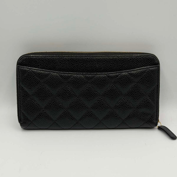 Chanel Classic Long Zipped Wallet in Black Quilted Caviar Leather with Gold Hardware