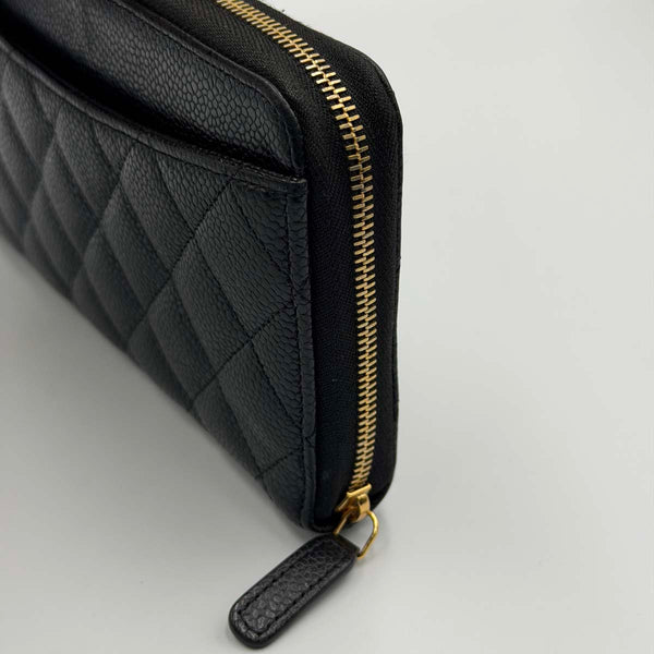 Chanel Classic Long Zipped Wallet in Black Quilted Caviar Leather with Gold Hardware