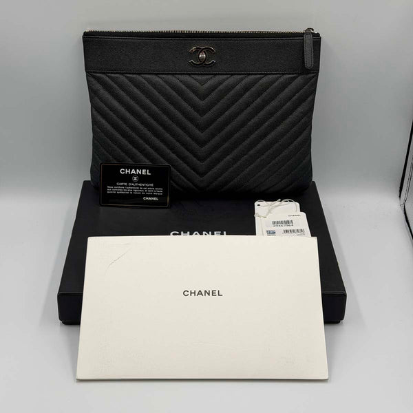 Chanel Medium Chevron Caviar Mademoiselle O-Case Clutch - Black