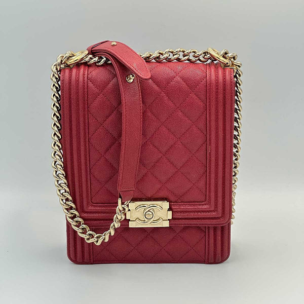 Chanel North South Boy Flap Red Quilted Caviar