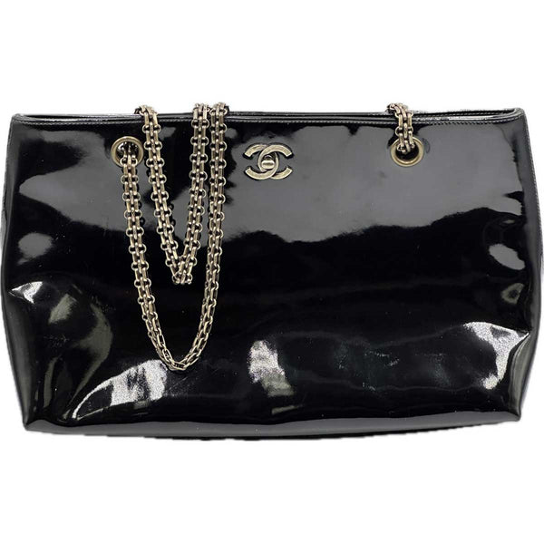 Chanel Patent Leather Tote with Shoulder Strap - Black Leather