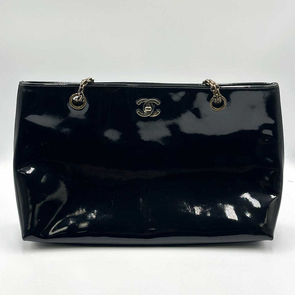 Chanel Patent Leather Tote with Shoulder Strap - Black Leather