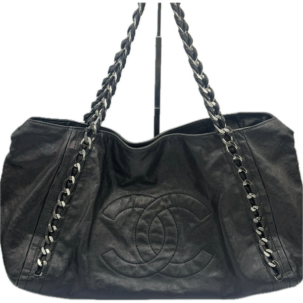 Chanel Black Leather Tote Bag with Chain Detail