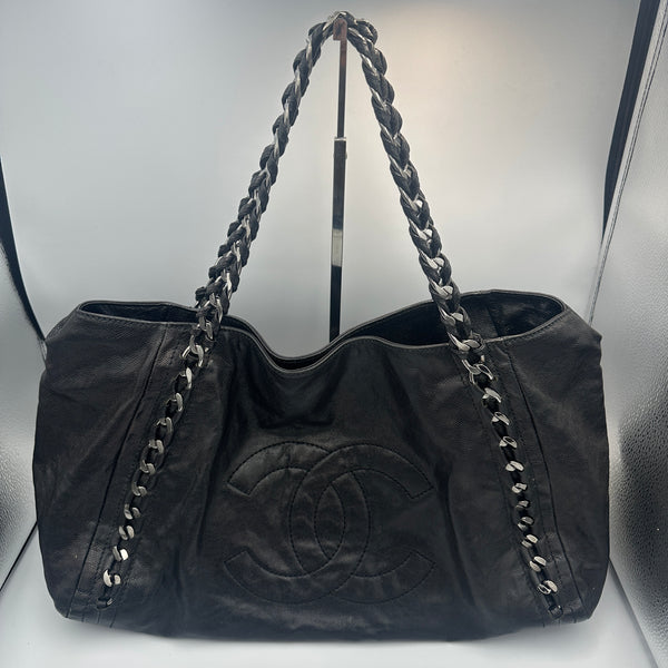 Chanel Black Leather Tote Bag with Chain Detail